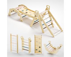 Kaëru® Houten Klimrek – 7 in 1 - Kleurrijke driehoek met glijbaan – Klimboog – Gemaakt van Nieuw-Zeelands grenenhout – Speeltoestel voor binnen – Gym voor peuters – Educatief houten speelgoed