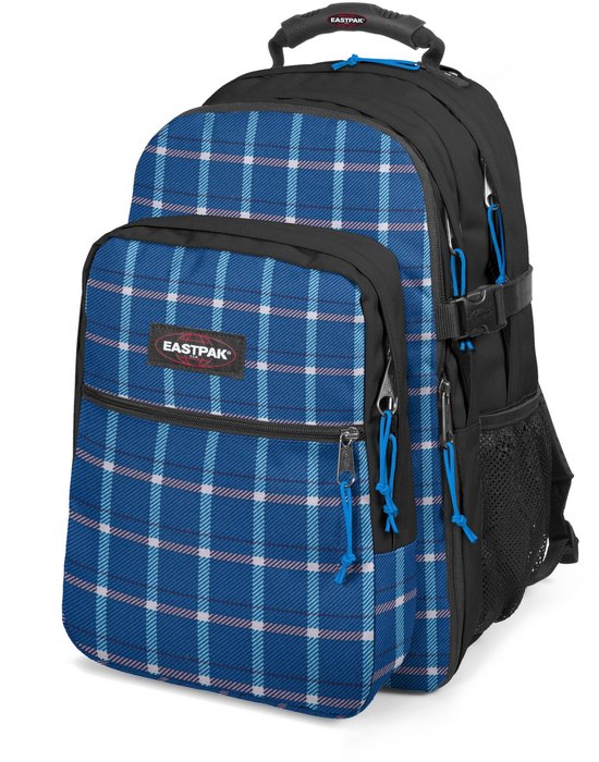 Blauwe Eastpak rugzak met roze en witte ruiten.