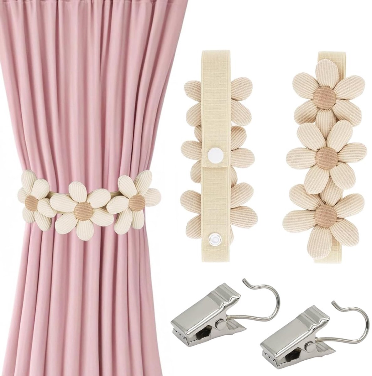 Ibenzoa® Gordijnhouders set met elastische riemen en bloemenpatroon voor boho-inrichting