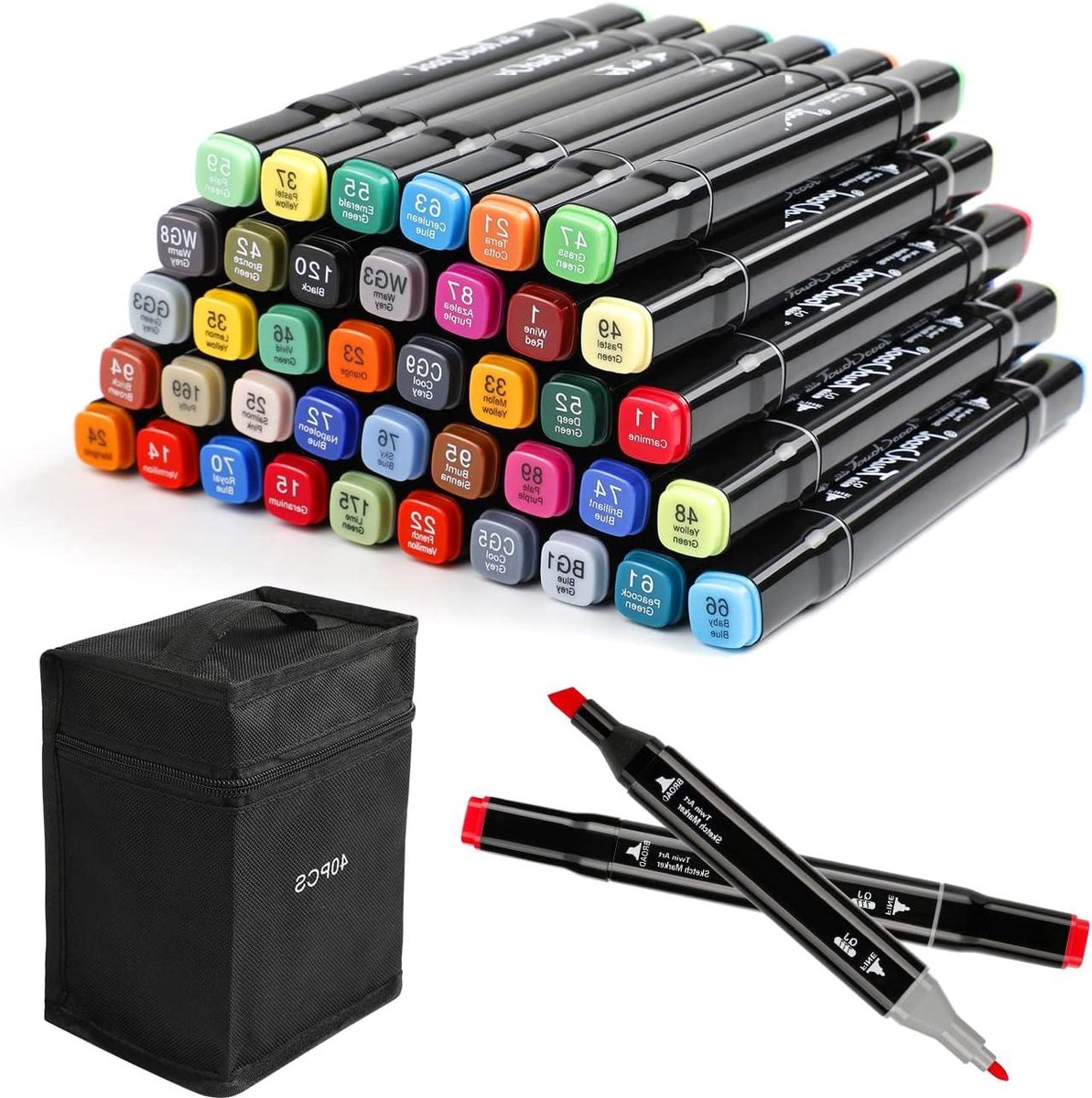 Dubbele Grafische Marker Pen Set met 40 Zwarte Kleuren en Draagtas