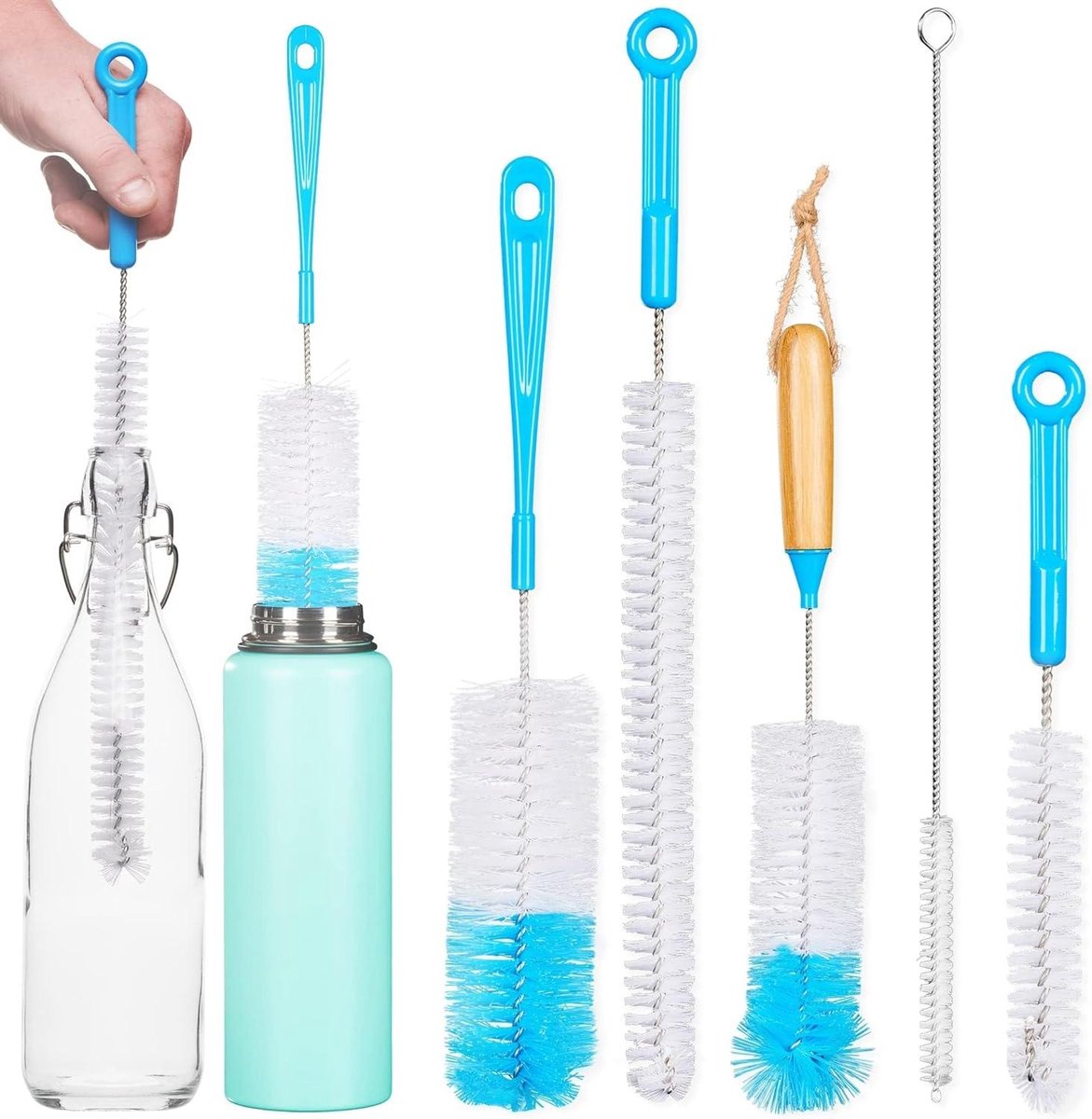 Allecto Premium - Set van 5 flessenborstels voor drinkflessen, glazen flessen en babyflessen met rietjesreinigingsborstel. Inclusief 2 x lange en dikke flessenborstels en 3 x dunne flessenborstels.