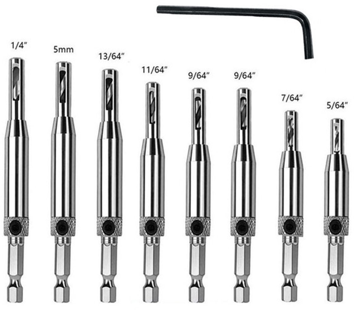 Set van 8 centerboren, zelfcentrerende scharnierkegel, gatenpons, houtbewerkingsgereedschap voor kastdeuren 5/64''