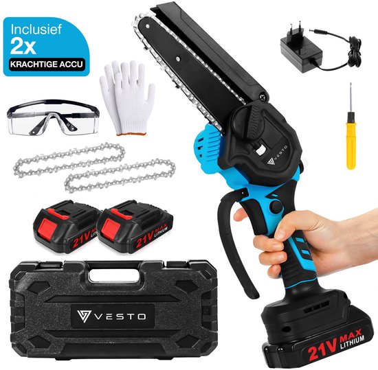 Vesto® Mini kettingzaag – Draadloos Inclusief 2 Led-Accu's – Heggenschaar Accu - Elektrisch Handkettingzaag - Snoeizaag - Takkenzaag - Handzaag - Boomzaag