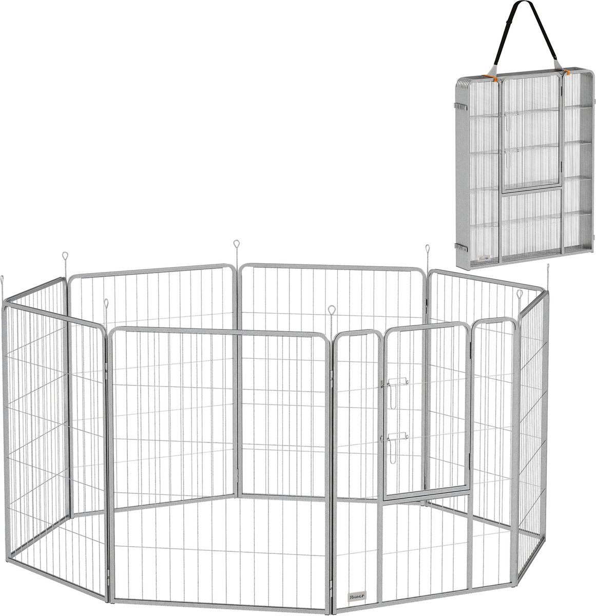 PawHut Welpenauslauf 100 cm Hoch, 8-TLG Hundelaufstall Welpenlaufstall mit Gurt und Tür, Freilaufgehege für kleine bis große Hunde, Meerschweinchen, Kaninchen, Stahl, Silber