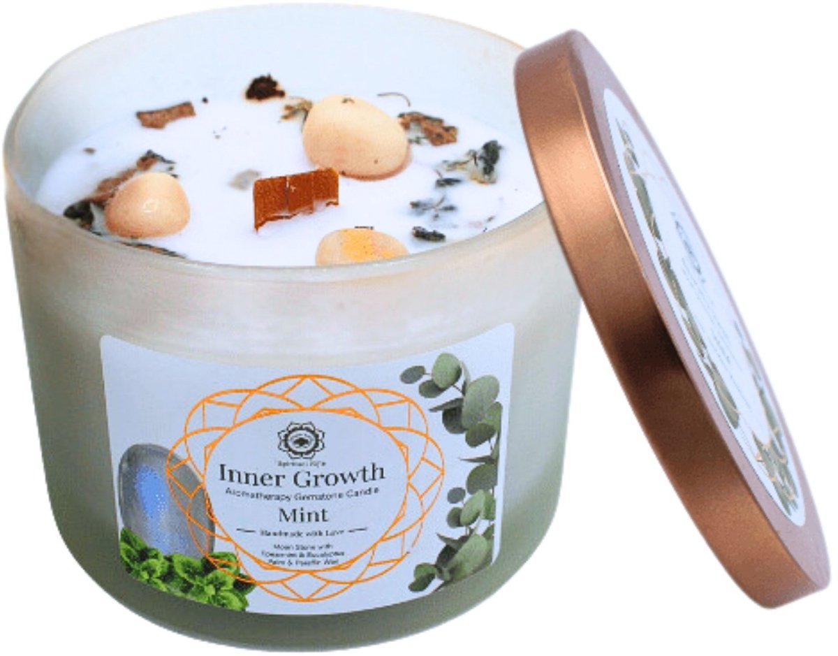 Green Tree - Edelsteenkaars - Aromatherapie - Geurkaars - Inner Growth - Mint - met edelstenen - 256g