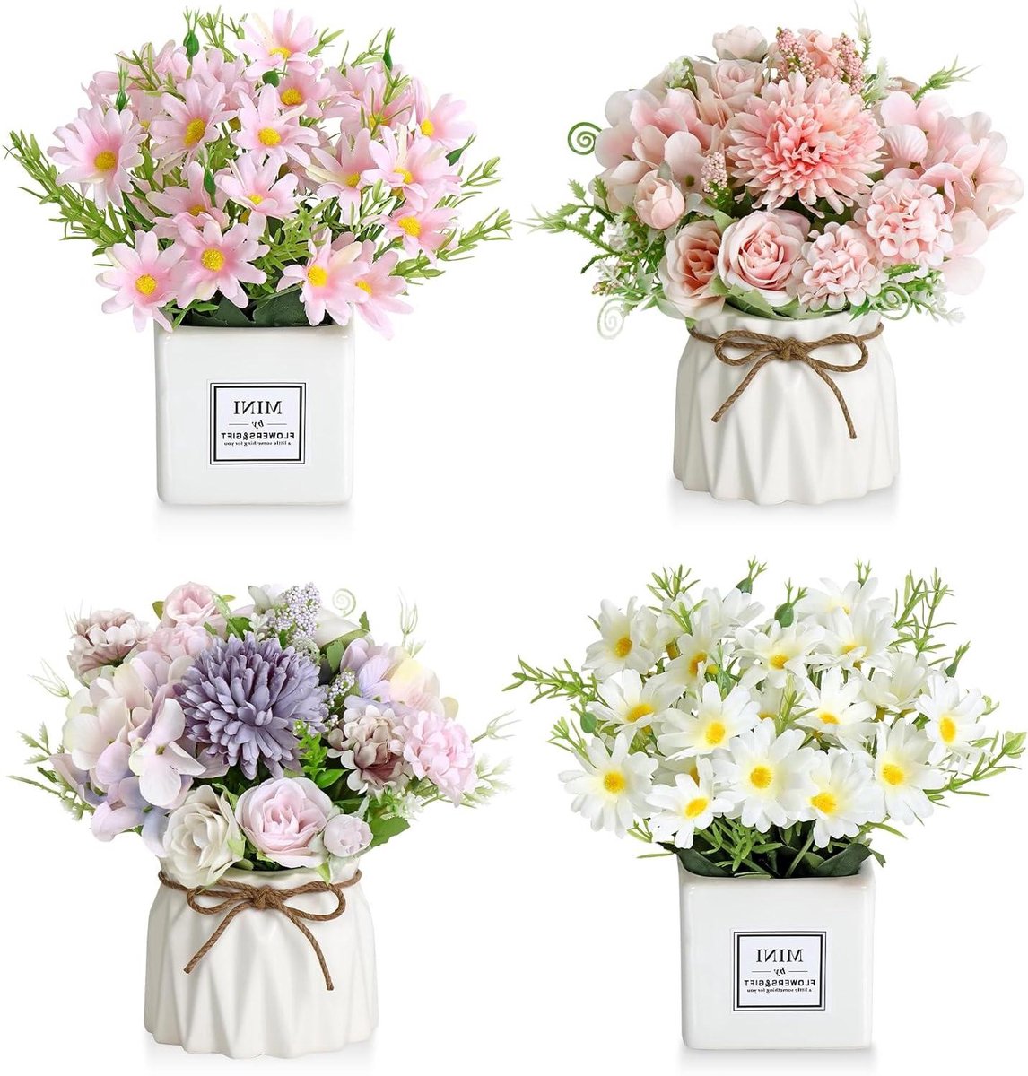 Allecto Premium - Kunstmatige potplant met bloemen in keramische pot voor decoratie (4 madeliefje en hortensia)