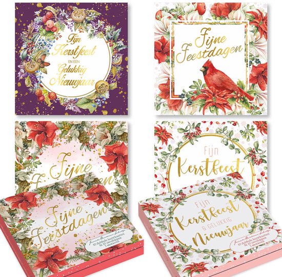 Vier kaarten en twee dozen met kerstmotieven. Rode amaryllis, kerstgroen, kardinaal vogel, kransen en teksten.