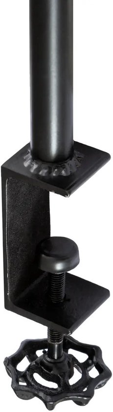 Close-up van een zwarte metalen tafelklem met schroef voor bevestiging.