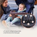 Moeder kijkt naar baby in grijze buggy met 5-punts gordels en zachte beugel.