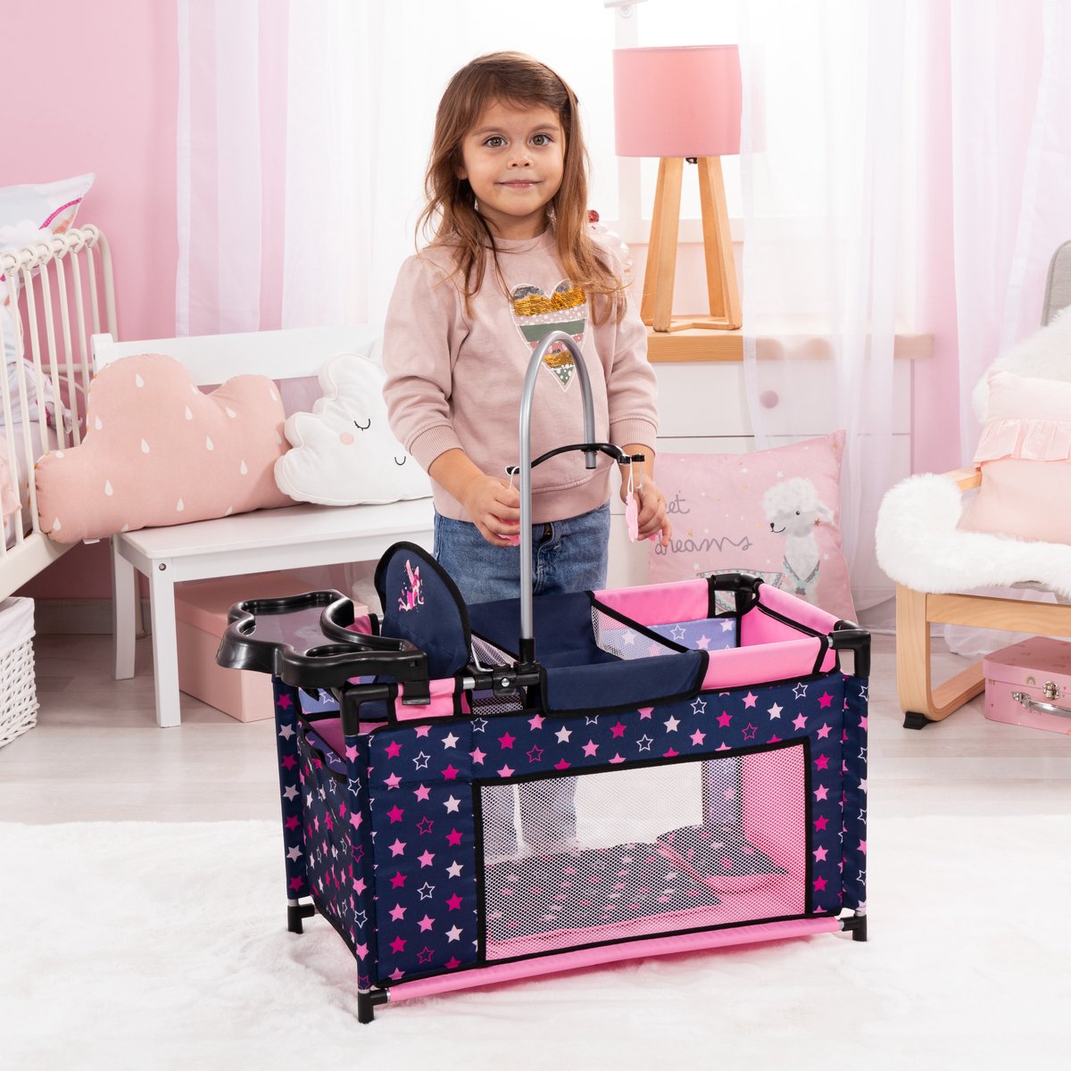 Bayer Design - Poppenbed met geïntegreerde kinderstoel, kastcompartiment, mobiel, kussen, dekbed, poppenaccessoires in blauw met sterren — afbeelding 5