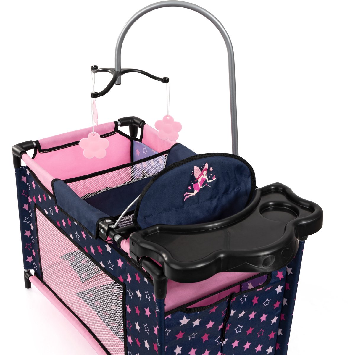 Bayer Design - Poppenbed met geïntegreerde kinderstoel, kastcompartiment, mobiel, kussen, dekbed, poppenaccessoires in blauw met sterren — afbeelding 6