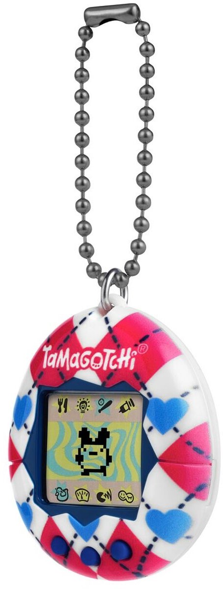 Bandai - Tamagotchi - Originele Tamagotchi - Argyle Heart - Virtueel elektronisch dier met kleurenscherm - Interactief dierenspeelgoed in het Frans - Harten tegelpatroon - Kinderspeelgoed 8+ - 42981