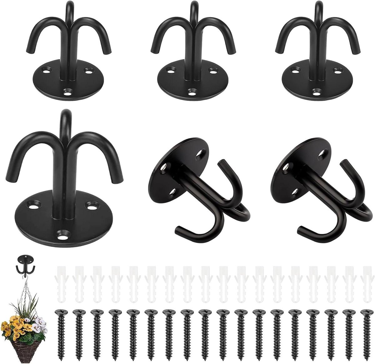 Allecto Premium - Plafondhaken Set van 6 Stuks, Inclusief Schroeven - Zwart - Voor Hangende Planten, Ventilatoren en Meer