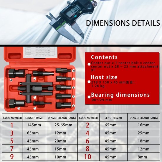 10 stuks motorlagertrekkerset - 8-25 mm motorfiets binnenlager demontage gereedschap - lagertrekker kit met doos en accessoires — afbeelding 5