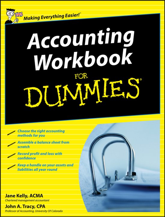 Gele omslag met de titel 'Accounting Workbook FOR DUMMIES'. Lijst met kenmerken en auteursnamen.