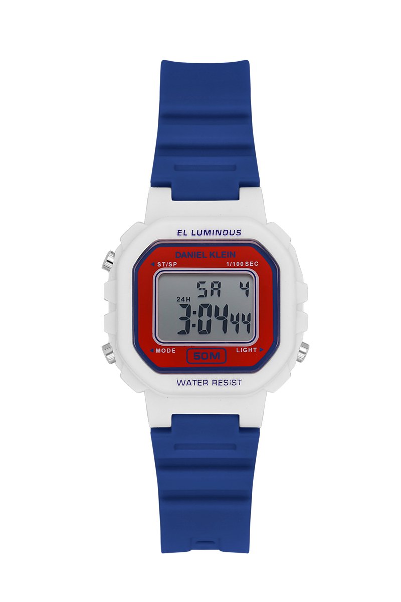 Daniel Klein DK.2326-4 - Horloge - Polshorloge - Digitaal - Afgerond Achthoek - Kinderen - Kunststof band - ABS - Alarm- Datumaanduiding - Achtergrondverlichting - Start-Stop - Moduswissel - Chronograaf - Donkerblauw - Rood - Wit - Zilverkleurig
