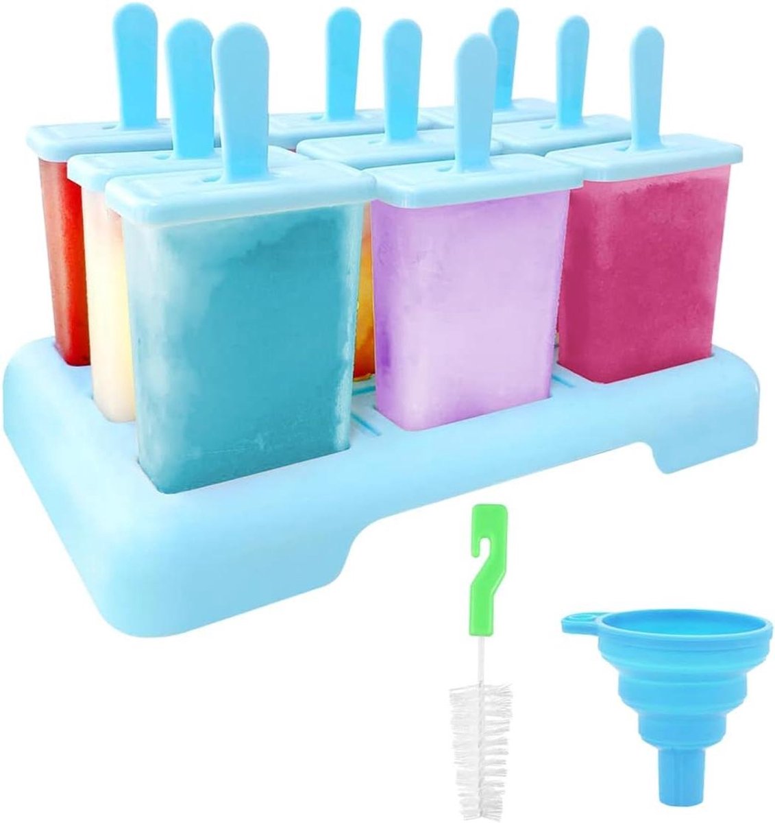 Allecto Premium - Popsicle Molds Set met Stokjes 9 Stuks - Herbruikbare IJsvormen - BPA-vrij - Reinigingsborstel en Opvouwbare Trechter - Blauw