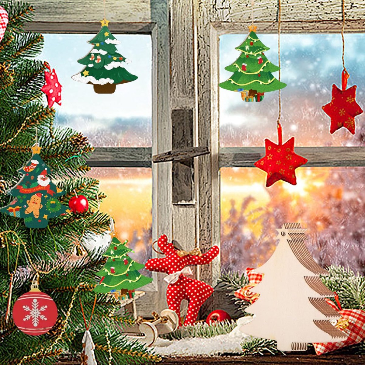 SNAGAROG 60 stuks kerstdecoratie hangers ornament Kerstmis hout handgemaakte hangers DIY decoratie met 60 jute touwen - sneeuwvlok, engelen, eland, sneeuwman, kerstboom, ster