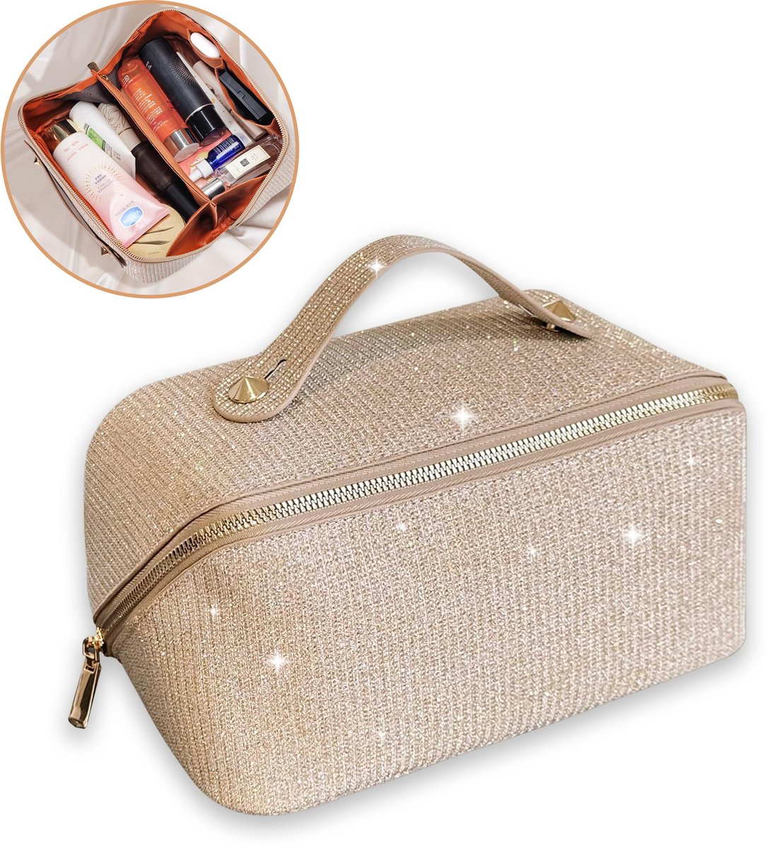 Rainbecom - Make-uptas Dames – Grote Capaciteit Toilettassen – Lay-flat Luxe Toilettas – Glanzend Goud – Reistas Cosmetica Tas – Reistoilettas - Cadeau