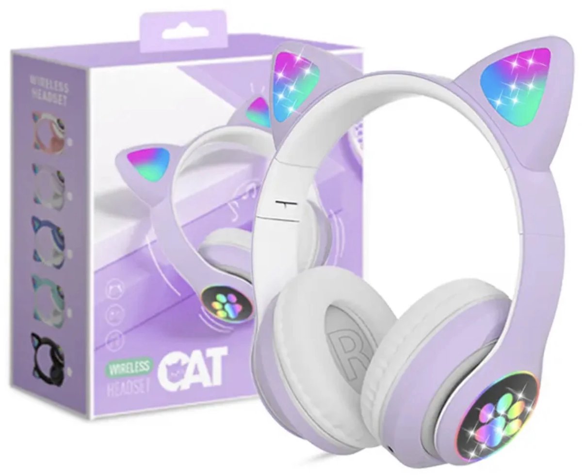 Kinder Hoofdtelefoon-Draadloze Koptelefoon-Kids Headset-Over Ear-Bluetooth-Microfoon-Katten Oortjes-Led Verlichting-Lila