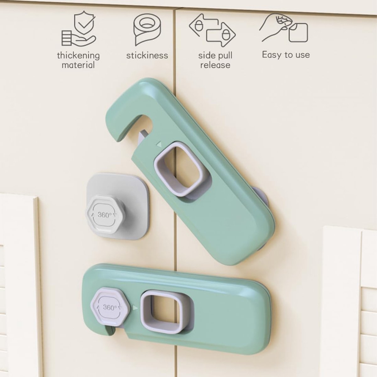 Kinderslot kastjes - Lade Slot - Koelkast Slot - Veiligheidssloten voor baby's - Zelfklevend kinderslot - Kinderslot - Zonder boren - Veiligheidsslot - Baby Slot - Kinder Beveiliging - Kinderveiligheid Kastdeuren - 2 Stuks - Groen en lichtgrijs – foto 3