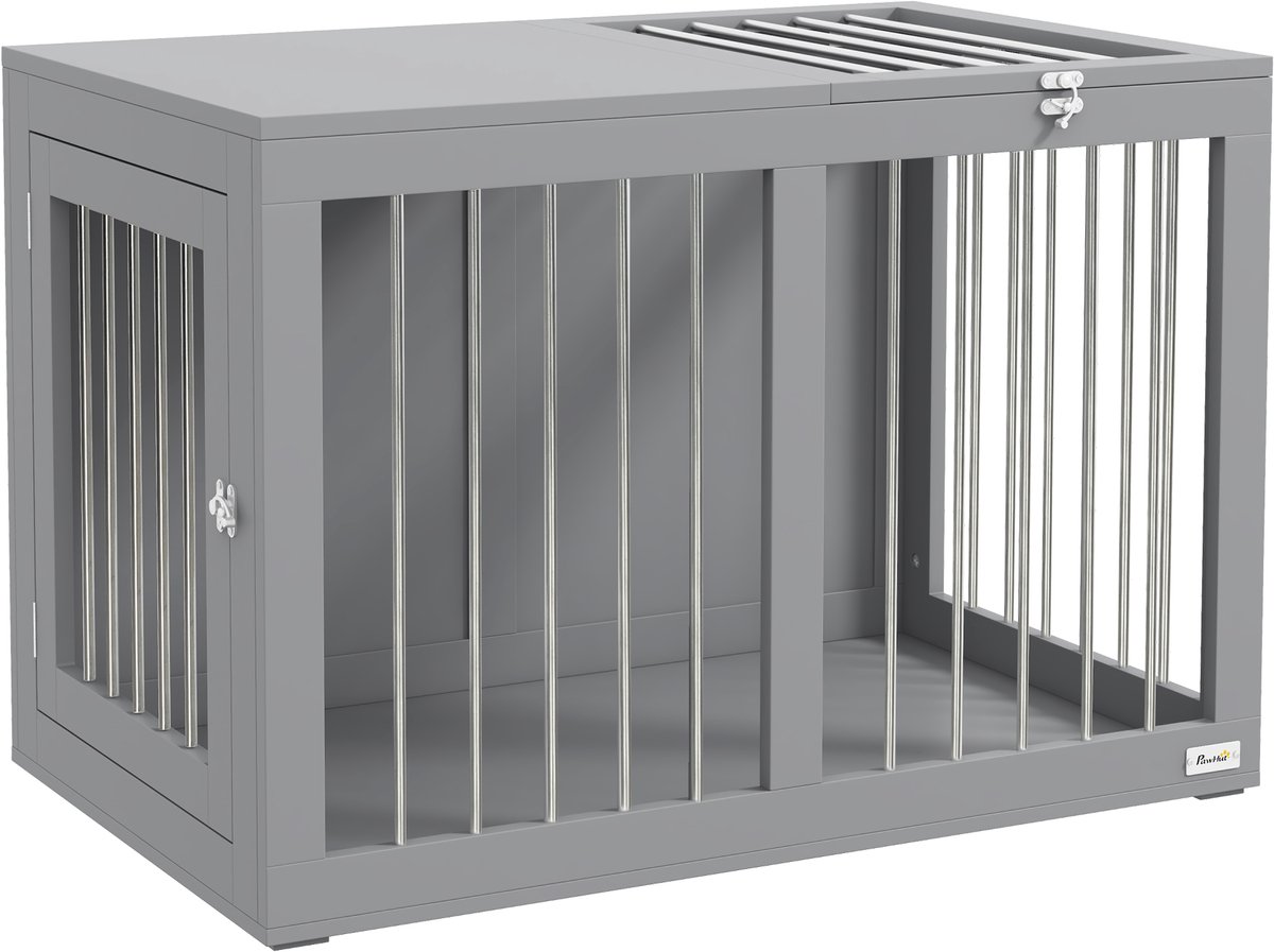 PawHut-Hundekäfig-Stahl, MDF-80L x 50B x 56,5H cm-Grau