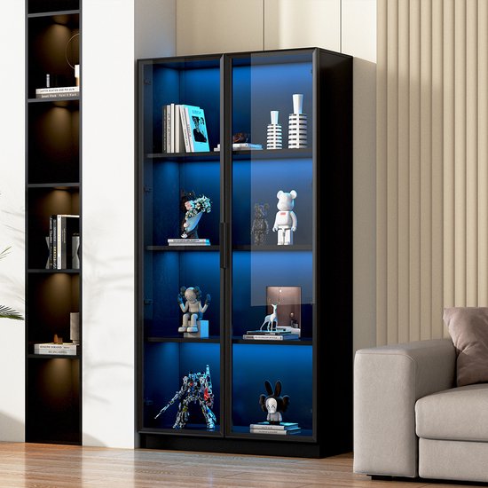 Vitrinekast ROMEO 4 deuren hoogglans zwart/hoogglans wit met verlichting