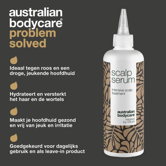 White bottle with brown leaf pattern, labeled 'scalp serum'. Text mentions hydration, strengthening roots, and relief from itchiness.