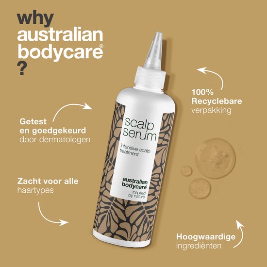 White bottle with brown leaf pattern, labeled 'scalp serum'. Text explains benefits like dermatologist tested and 100% recyclable packaging.