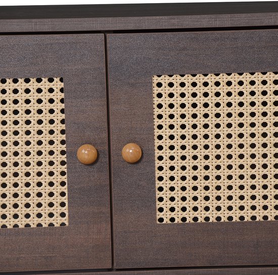 Meuble TV Pugsdrly 200*37*49,5 cm pour TV 80 pouces avec 2 portes en rotin, 2 tiroirs, meuble bas à 8 pieds, centre multimédia moderne en marron