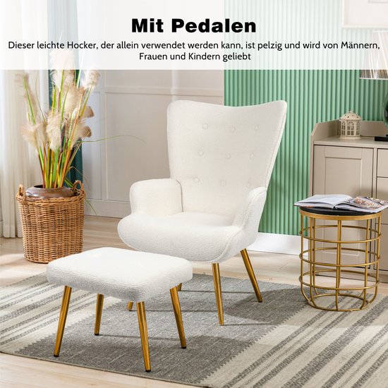 Fauteuil, Vleugelstoel met kruk, Gestoffeerde fauteuil, Moderne relax fauteuil voor de woonkamer, Teddy fluwelen lounge stoel, Zeer elastisch schuim Kleine witte fauteuil
