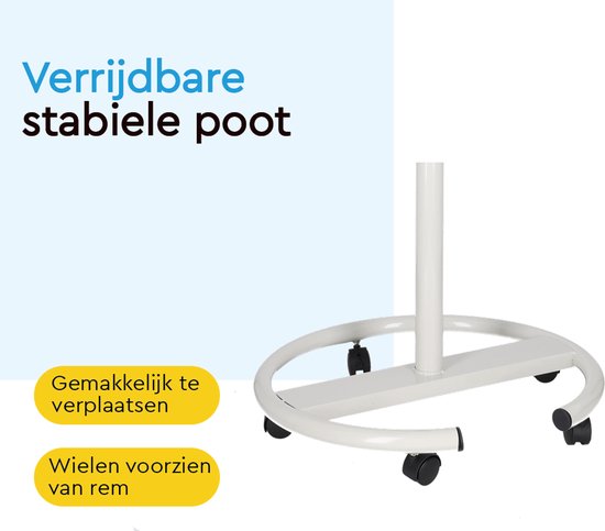 Wit, rond onderstel met wielen voor een flipoverbord. "Verrijdbare stabiele poot".
