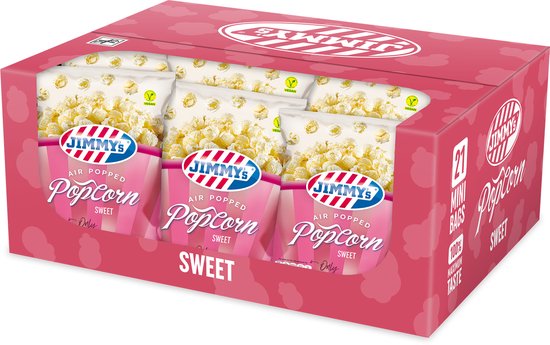 Doos Jimmy's Popcorn zoet. 21 mini zakjes gevuld met luchtgepofte popcorn.