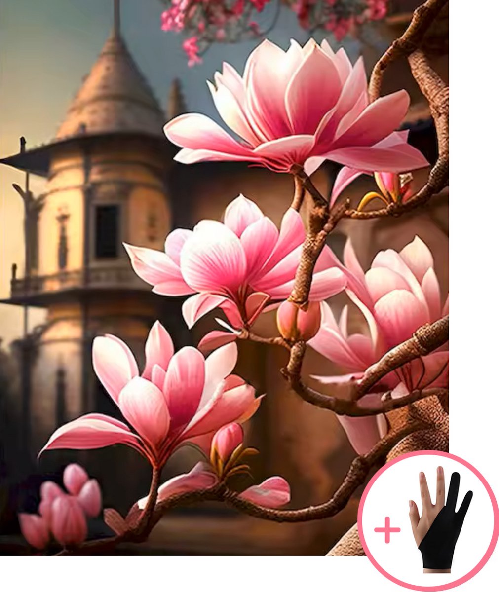 HobbyMania Schilderen Op Nummer Volwassenen - Magnolia Boom - Toren met Magnolia Bloesem - Inclusief Verf Penselen en Tekenhandschoen - Kleuren Op Nummer - Paint By Number Volwassenen - 40x50 cm