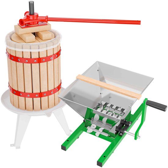 Set van een 18 liter houten fruitpers op een witte standaard en een 7 liter roestvrijstalen fruitmolen op een groene basis.