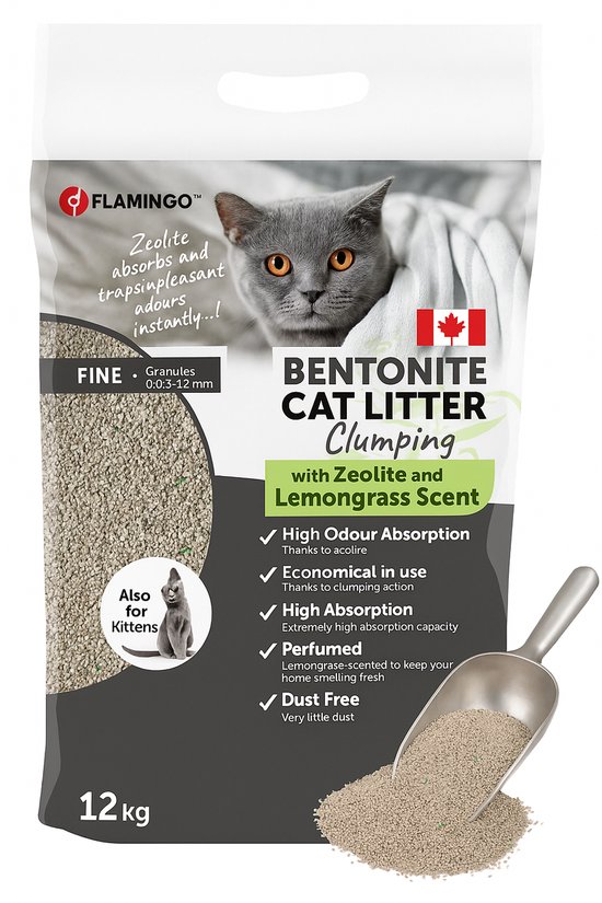 Flamingo Kattenbakvulling – klontvormende kattenbakvulling – Citroengrasgeur – 12L (12KG) voor 10 weken – groene zeoliet voor ultrasnelle geurbestrijding – ideaal voor 1 of meerdere katten – Premium Line