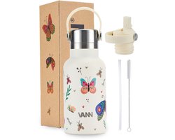 VANN 100% RVS kinderdrinkfles 2.0 - Met rietje en RVS dop - Schoolbeker en drinkfles voor kinderen in 1 - Butterfly