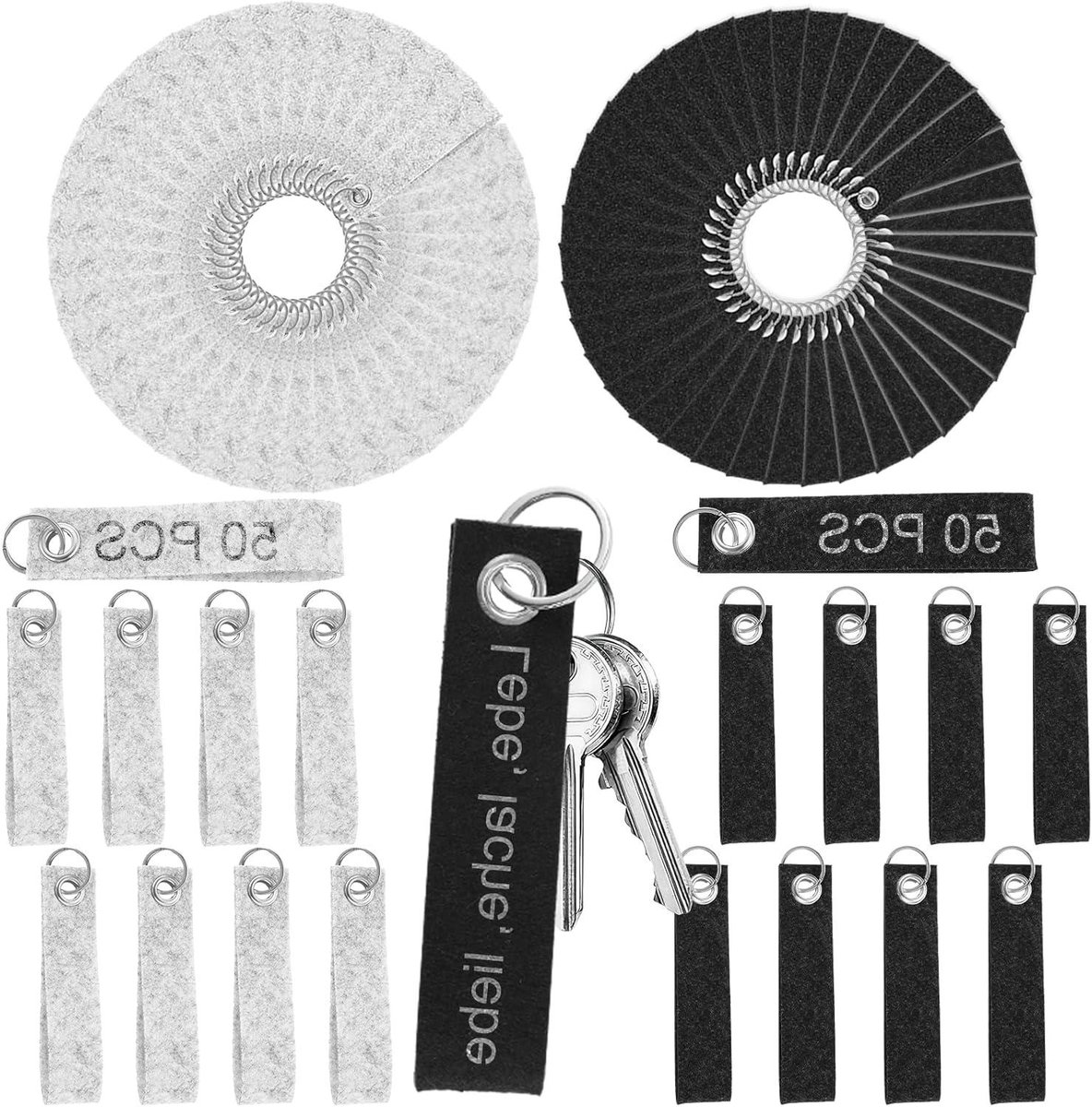 100 stuks onbewerkte sleutelhangers van vilt met sleutelring - 13 x 3 cm - Grijs - DIY sleutelhanger om te beschrijven - Handwerk - Auto - Tassen - Knutselen
