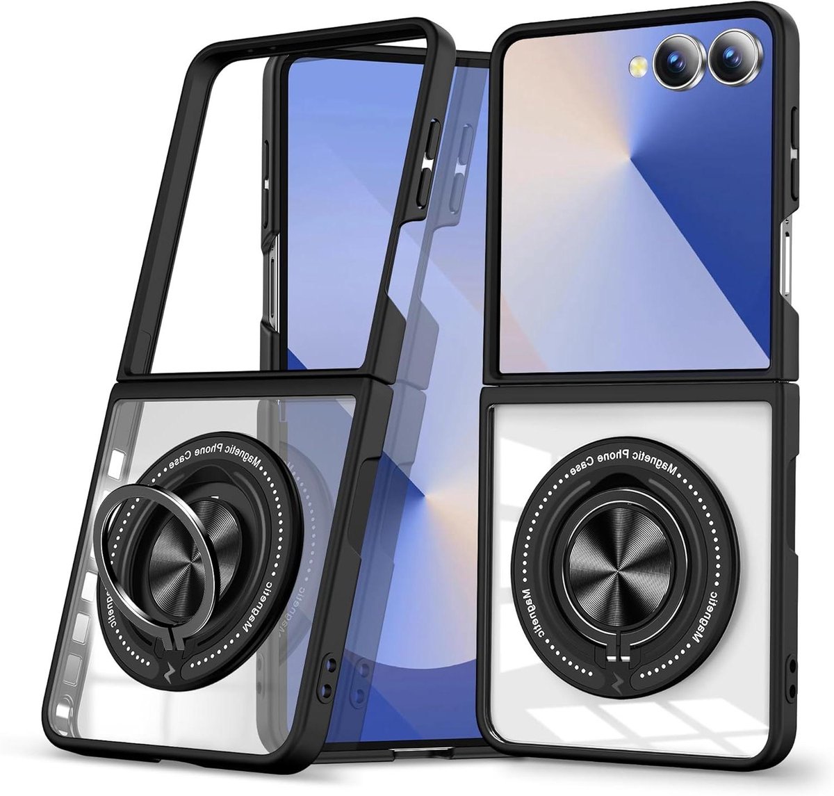 Samsung Galaxy Z Flip 7 beschermhoesje met magnetische autohouder en ringhouder in zwart - schokbestendig en anti-vingerafdruk - aangenaam gevoel