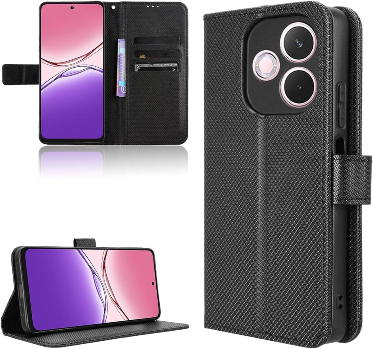 Stootvaste telefoonhoes voor Oppo A5 Pro - Premium koolstofvezel hoes met inklapbare standaard (zwart)