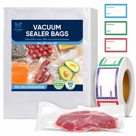 Foto: Vacusafe vacu mzakken voedsel 100 stuks 20 30 cm bpa vrij inclusief diepvriesetiketten sous vide vacumeerzakken