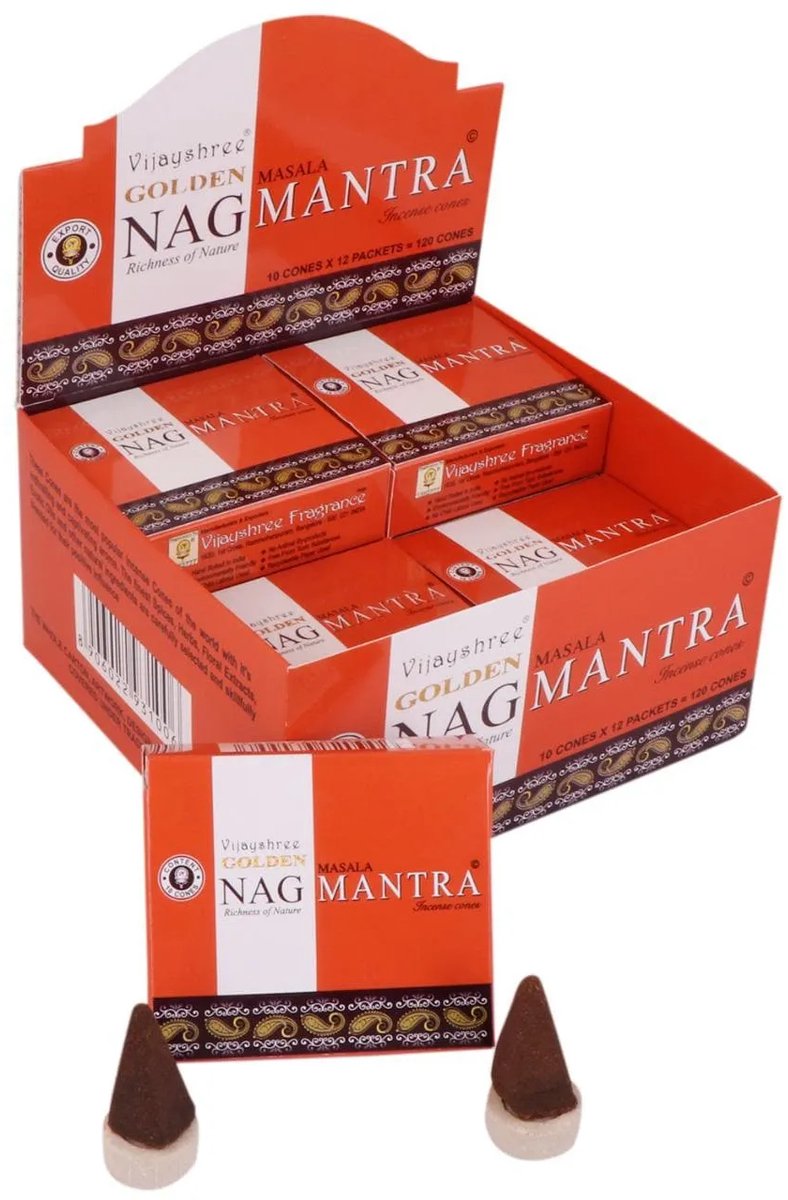 Vijayshree Golden Nag Mantra Masala Wierookkegels – 12 Pakketjes x 10 Kegels | Natuurlijke Dhoop Kegels, Handgerold in India, 60 min Brandtijd | Meditatie & Ontspanning met Kajal Sticker