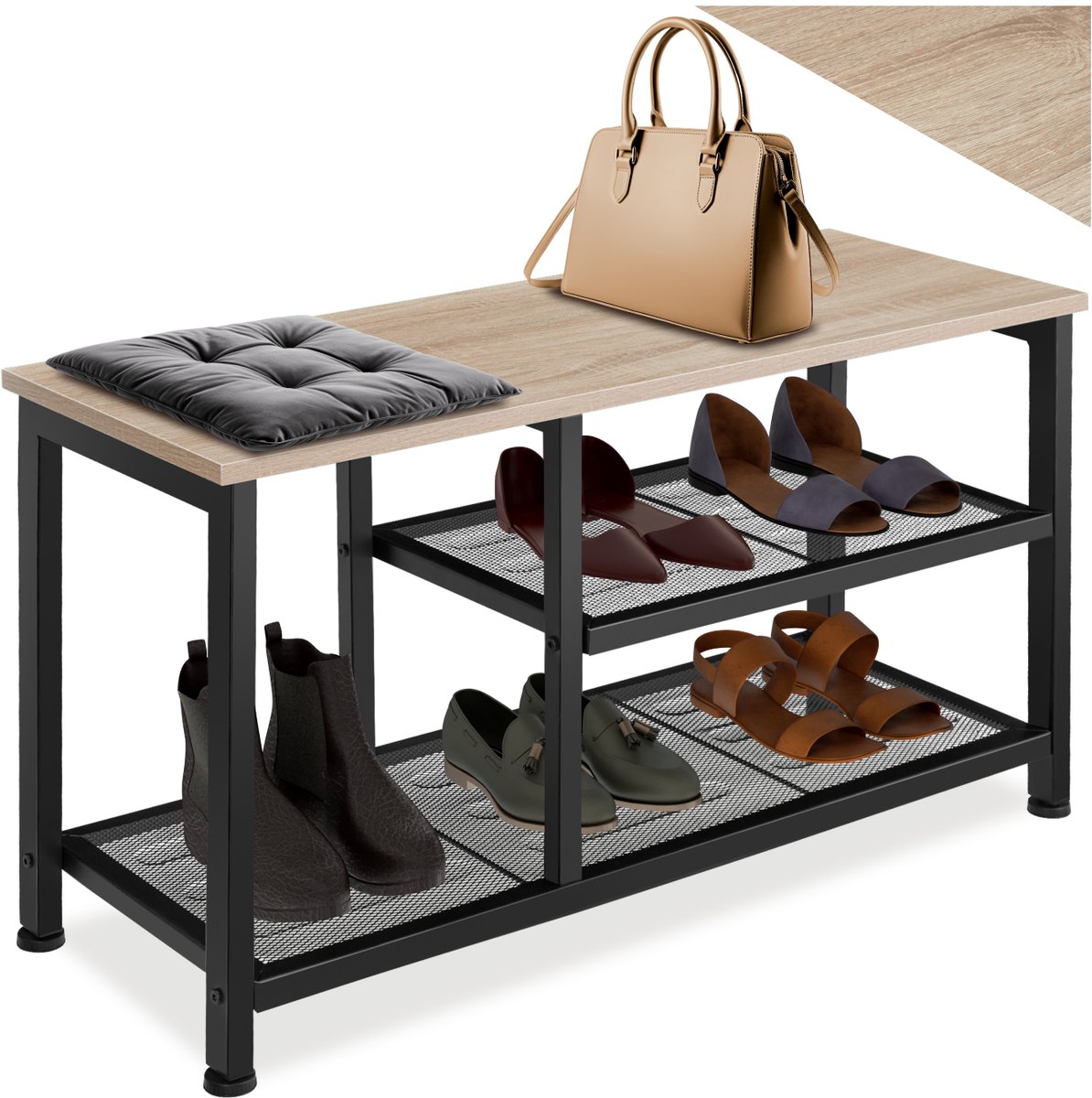 tectake® Smal schoenenrek met zitje - 3 niveaus van 1 zitje en 2 roosterplanken - Schoenenbank van hout en metaal - Industrieel design - Zwart metalen frame - Afmeting (LxBxH) 80 x 30 x 45,5 cm - Lichtbruin