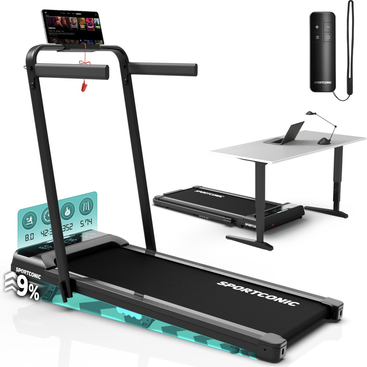 Sportconic Loopband 1-12km/u – Walking Pad – Loopband Inklapbaar – Wandelband – Met Hellingfunctie – Incl. Tablethouder en Afstandsbediening - Sportconic review en vergelijking - €219,99