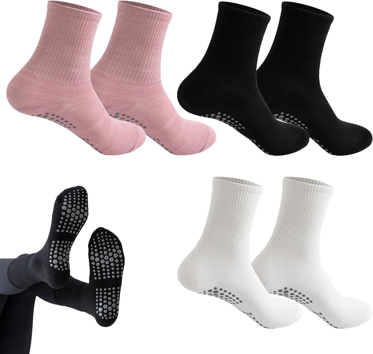 Antislip yogasokken - Pilatessokken met yoga-grip - 3 paar - Zwart, wit, roze - One size