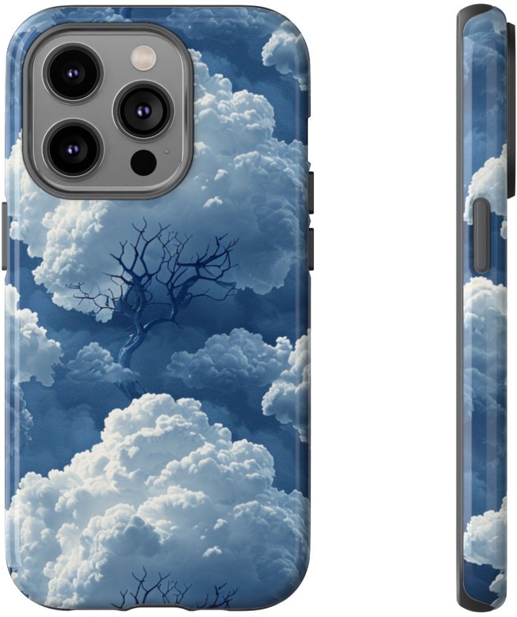 3D Wolken en Boompatroon – Glanzend Stevig Telefoonhoesje Geschikt voor iPhone 14 Pro