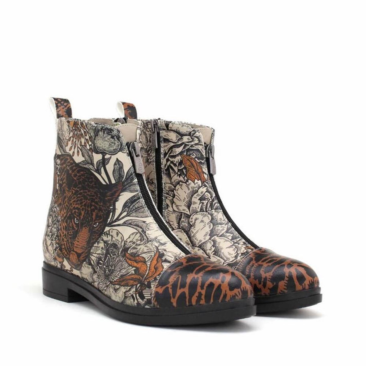 GOBY Wild Elegance Dames Enkellaarzen Vegan Leer Handgemaakt Tijger en Bloemen Design