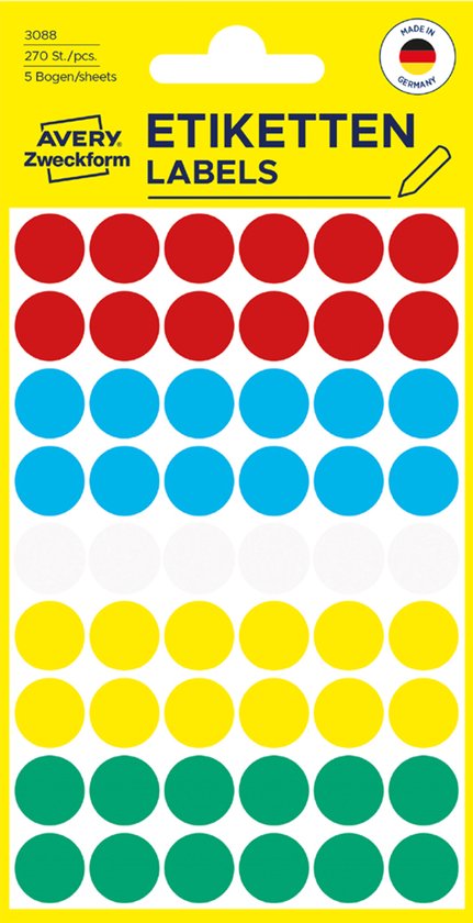 Verpakking met 270 rode, blauwe, witte, gele en groene ronde etiketten.