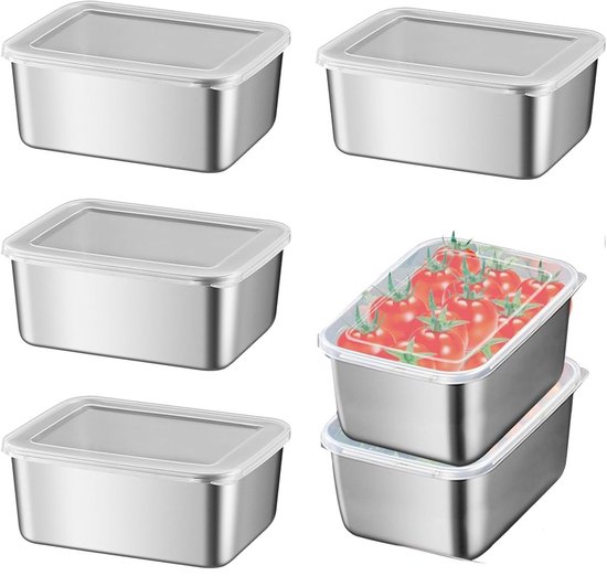 Cinq boîtes vides en acier inoxydable avec couvercles transparents et une boîte empilée remplie de tomates.