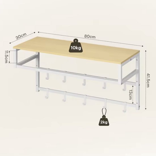 Afmetingen van de witte wandkapstok met houten plank en 10 haken: 80x30x41,5 cm.